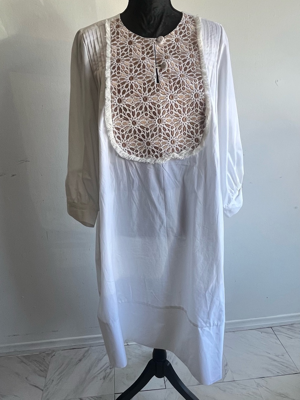 White Tunic Dress with Crochet Bib medium